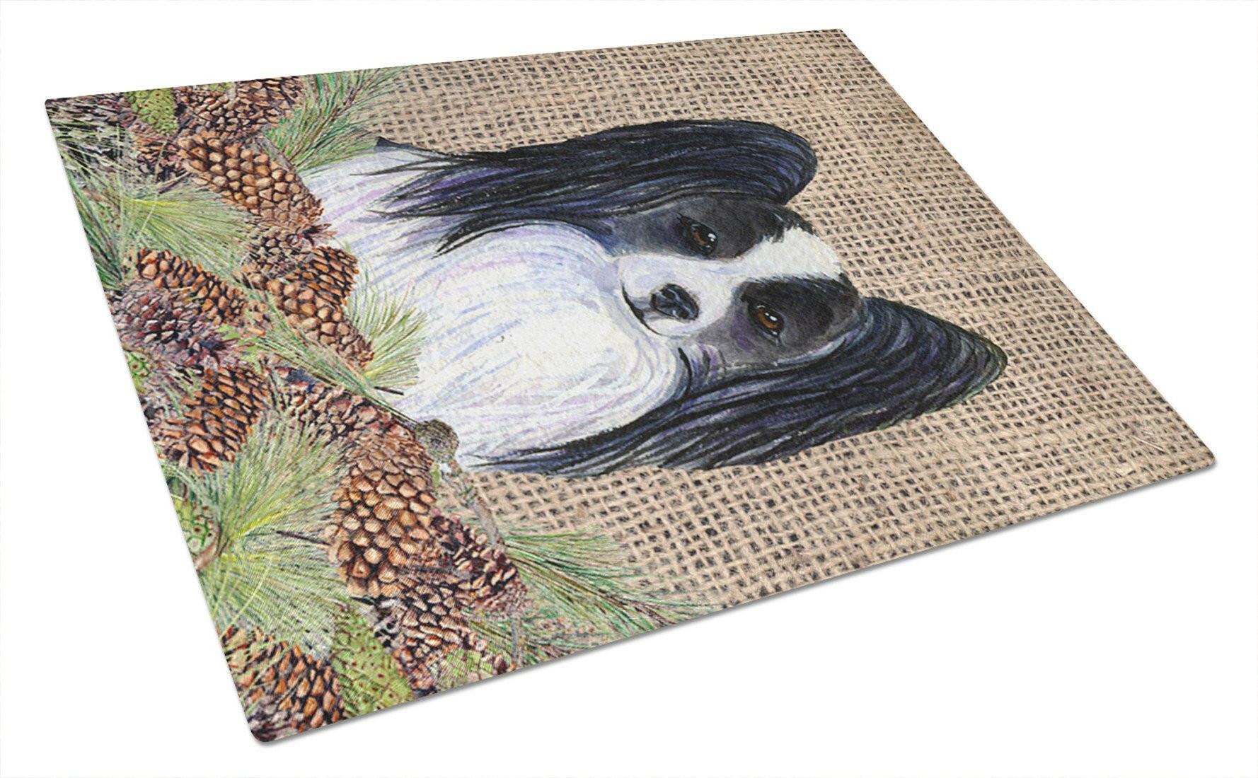 Papillon on Faux Burlap with Pine Cones Cutting Board Tempered Glass Kitchen Cutting Surface, Heat Resistant Chopping, Non-Slip Feet, Food Prep & Serving