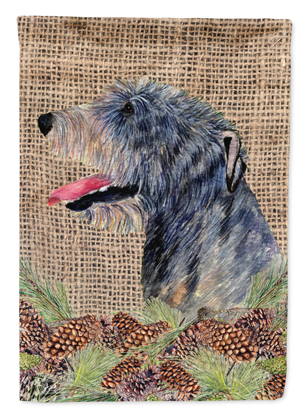Irish Wolfhound on Faux Burlap with Pine Cones House Flag 28x40 Porch Sleeve Pole Decorative Outside Yard Banner Artwork Wall Hanging, Polyester
