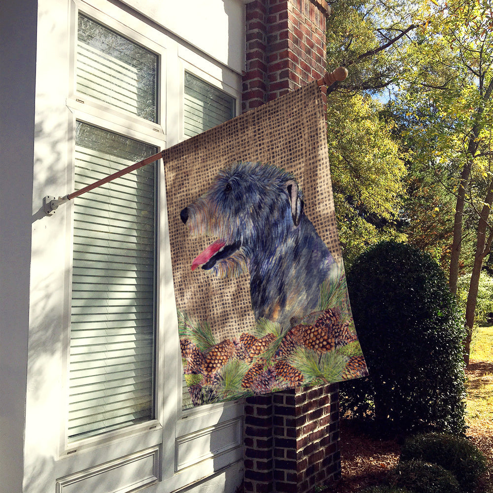 Irish Wolfhound on Faux Burlap with Pine Cones House Flag 28x40 Porch Sleeve Pole Decorative Outside Yard Banner Artwork Wall Hanging, Polyester