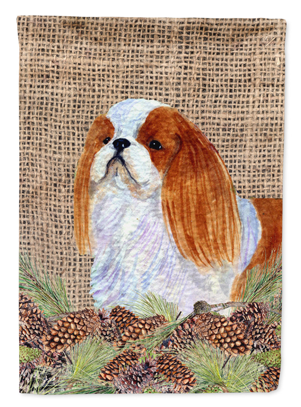 English Toy Spaniel on Faux Burlap with Pine Cones House Flag 28x40 Porch Sleeve Pole Decorative Outside Yard Banner Artwork Wall Hanging, Polyester