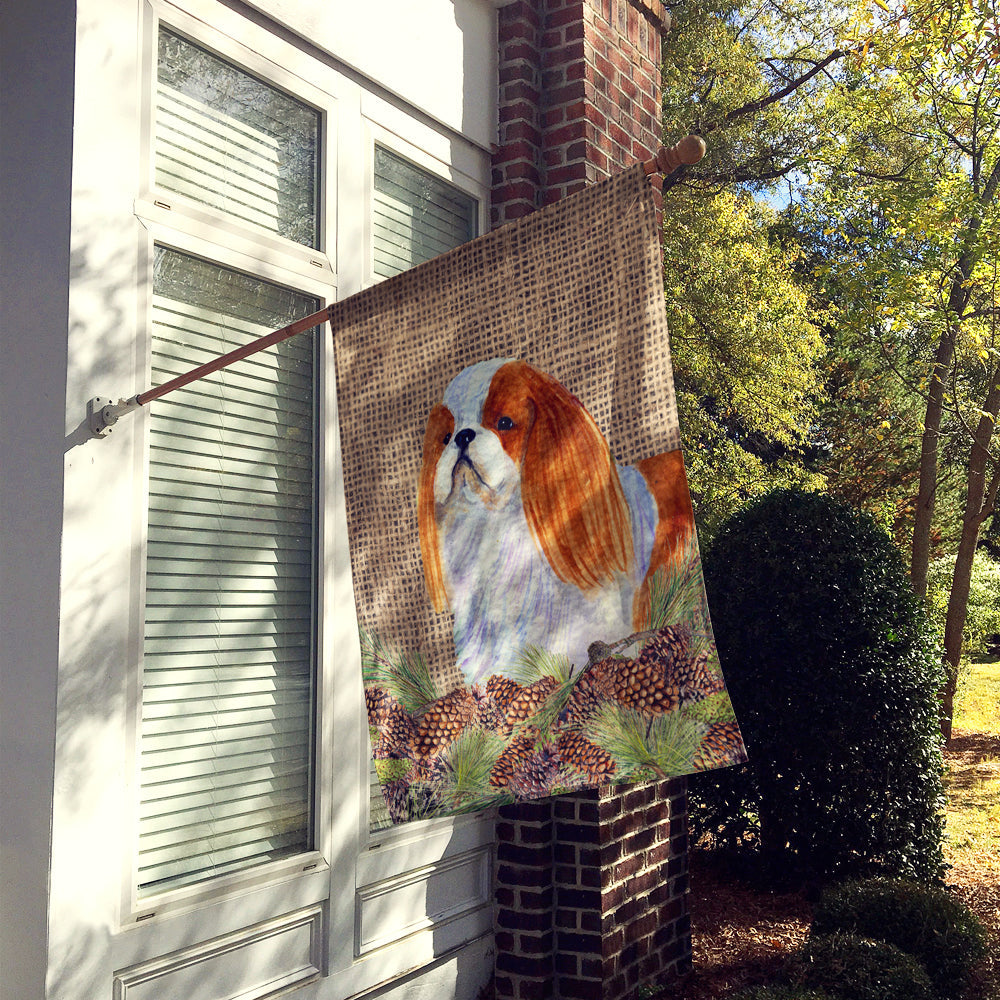 English Toy Spaniel on Faux Burlap with Pine Cones House Flag 28x40 Porch Sleeve Pole Decorative Outside Yard Banner Artwork Wall Hanging, Polyester