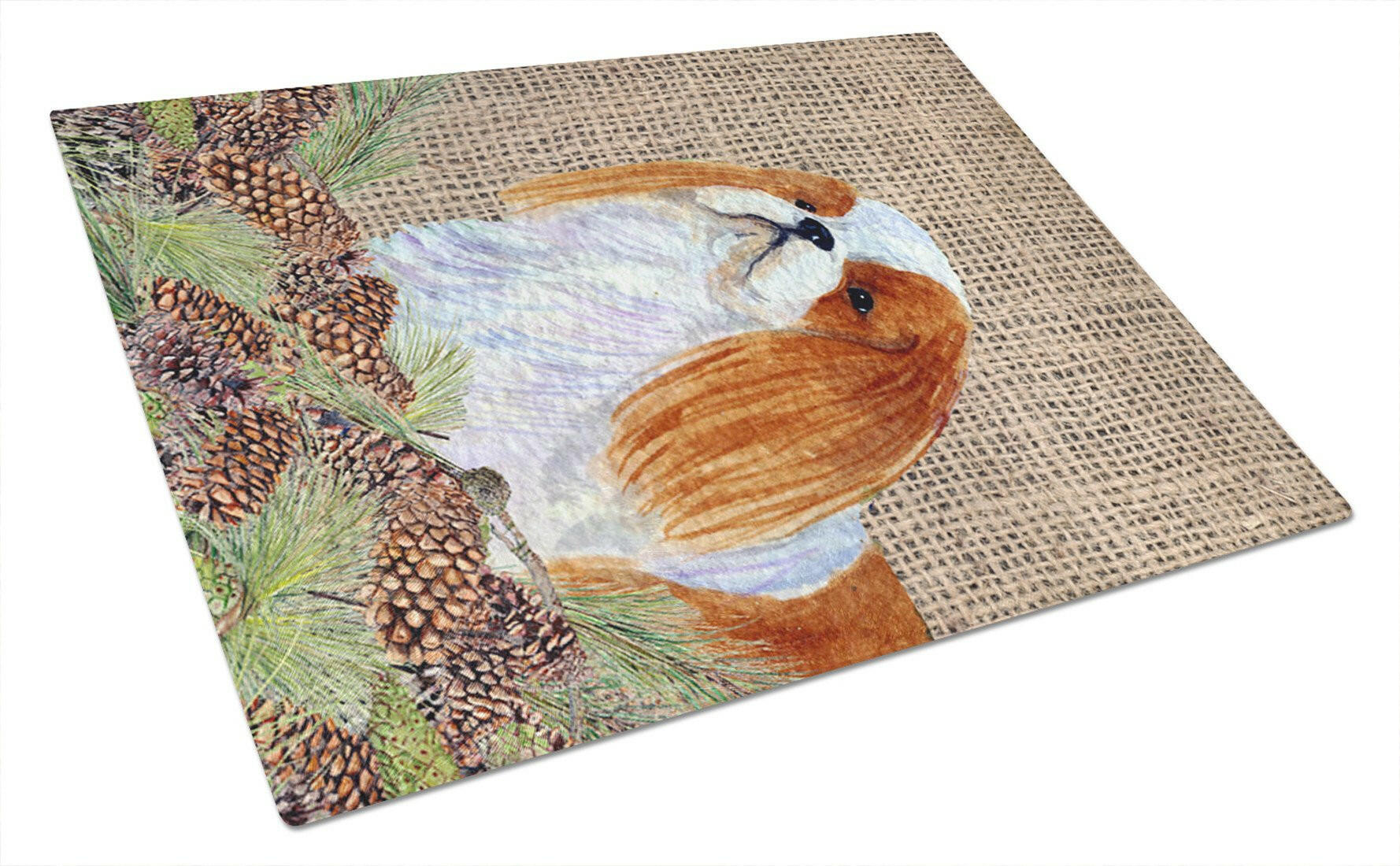 English Toy Spaniel on Faux Burlap with Pine Cones Cutting Board Tempered Glass Kitchen Cutting Surface, Heat Resistant Chopping, Non-Slip Feet, Food Prep & Serving