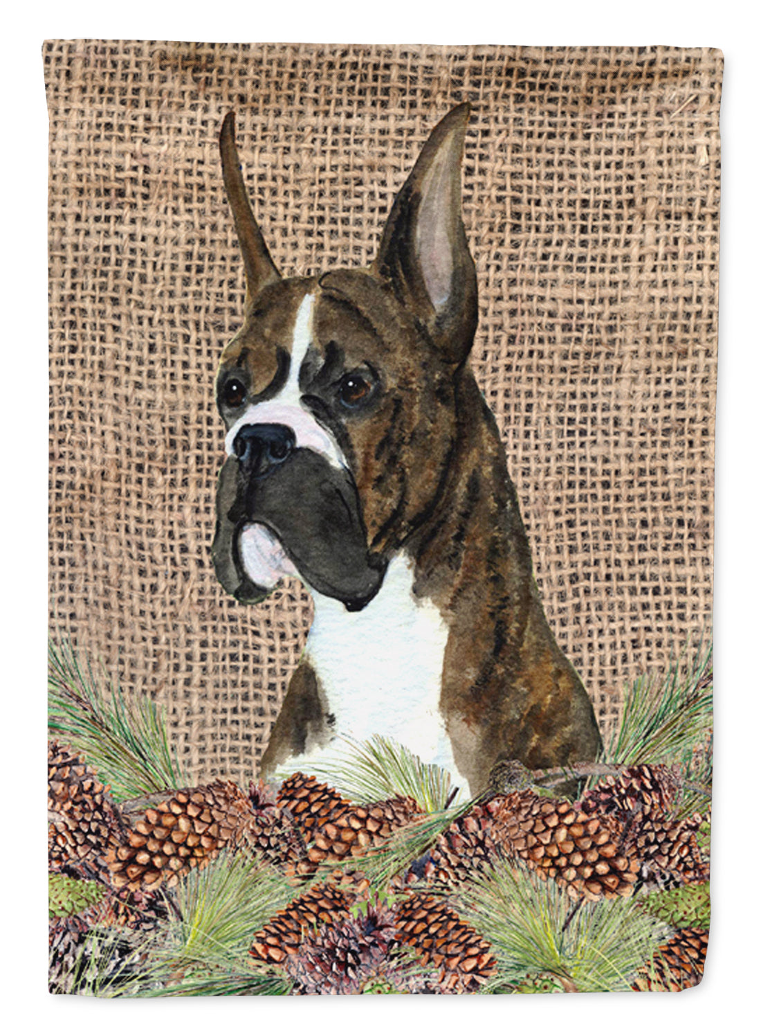 Brindle Boxer on Faux Burlap with Pine Cones House Flag 28x40 Porch Sleeve Pole Decorative Outside Yard Banner Artwork Wall Hanging, Polyester