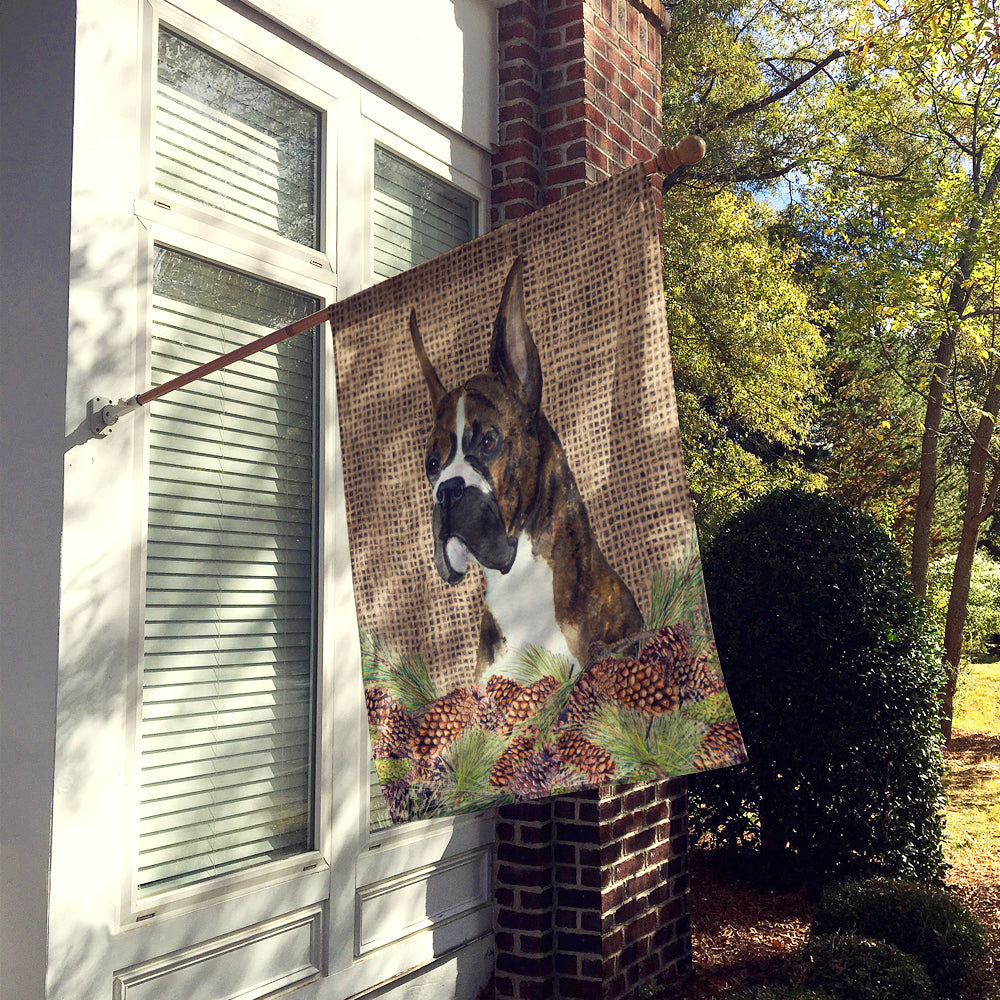 Brindle Boxer on Faux Burlap with Pine Cones House Flag 28x40 Porch Sleeve Pole Decorative Outside Yard Banner Artwork Wall Hanging, Polyester