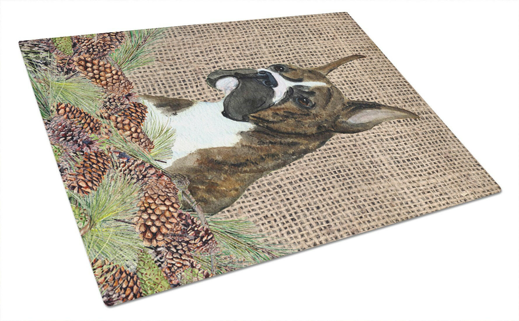 Brindle Boxer on Faux Burlap with Pine Cones Cutting Board Tempered Glass Kitchen Cutting Surface, Heat Resistant Chopping, Non-Slip Feet, Food Prep & Serving