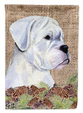 White Boxer on Faux Burlap with Pine Cones House Flag 28x40 Porch Sleeve Pole Decorative Outside Yard Banner Artwork Wall Hanging, Polyester