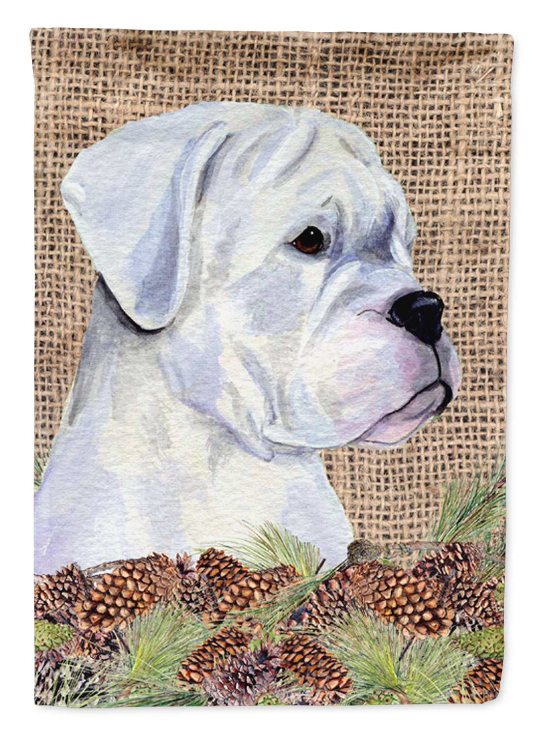 White Boxer on Faux Burlap with Pine Cones House Flag 28x40 Porch Sleeve Pole Decorative Outside Yard Banner Artwork Wall Hanging, Polyester