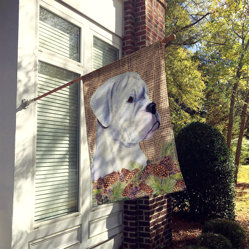 White Boxer on Faux Burlap with Pine Cones House Flag 28x40 Porch Sleeve Pole Decorative Outside Yard Banner Artwork Wall Hanging, Polyester
