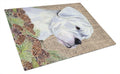 White Boxer on Faux Burlap with Pine Cones Cutting Board Tempered Glass Kitchen Cutting Surface, Heat Resistant Chopping, Non-Slip Feet, Food Prep & Serving