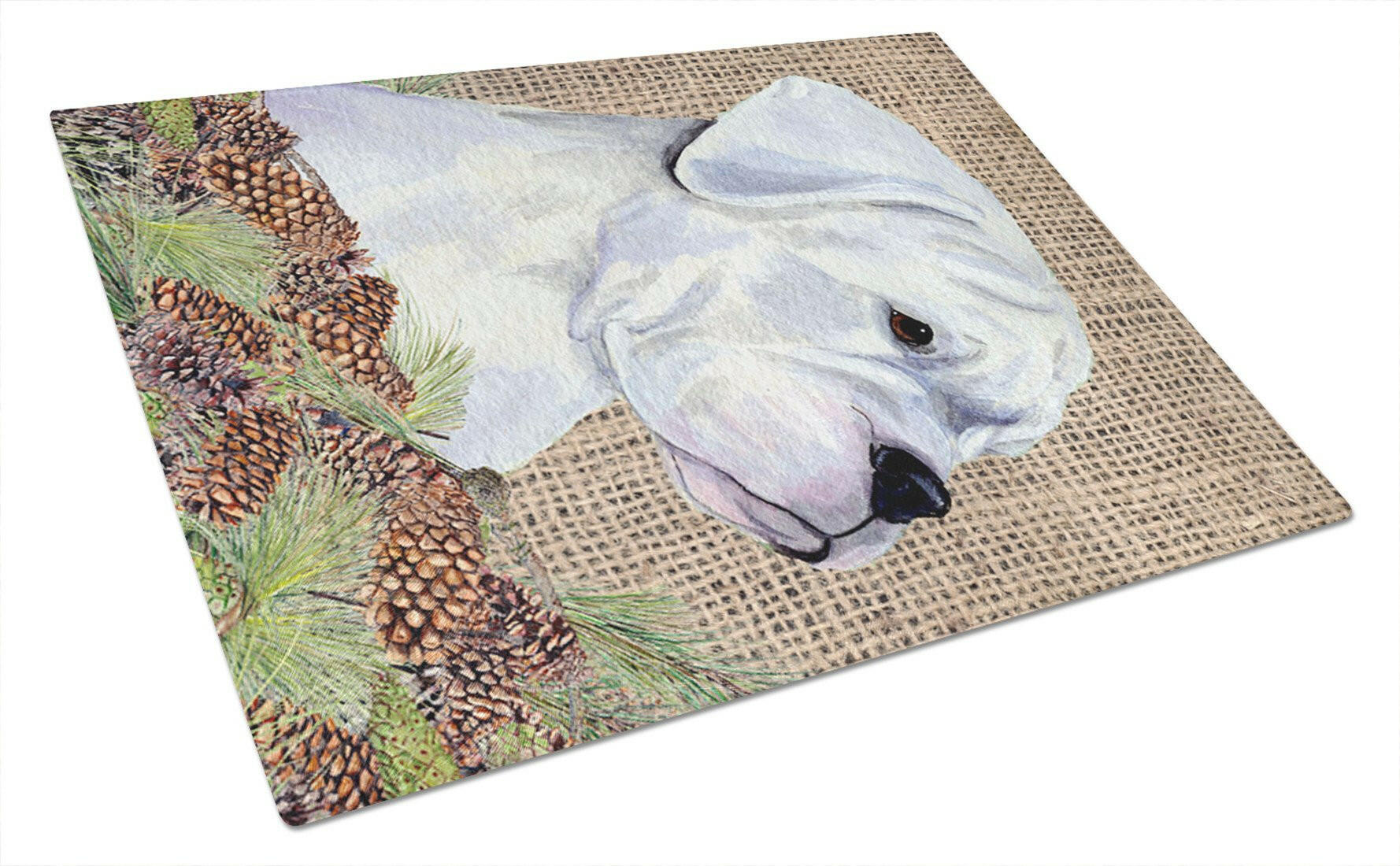 White Boxer on Faux Burlap with Pine Cones Cutting Board Tempered Glass Kitchen Cutting Surface, Heat Resistant Chopping, Non-Slip Feet, Food Prep & Serving