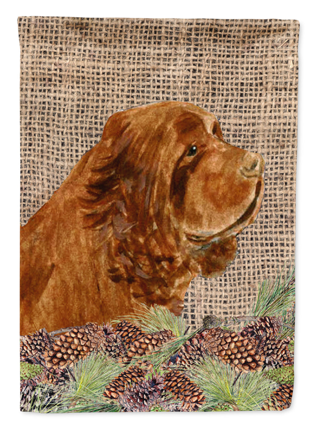 Sussex Spaniel on Faux Burlap with Pine Cones House Flag 28x40 Porch Sleeve Pole Decorative Outside Yard Banner Artwork Wall Hanging, Polyester