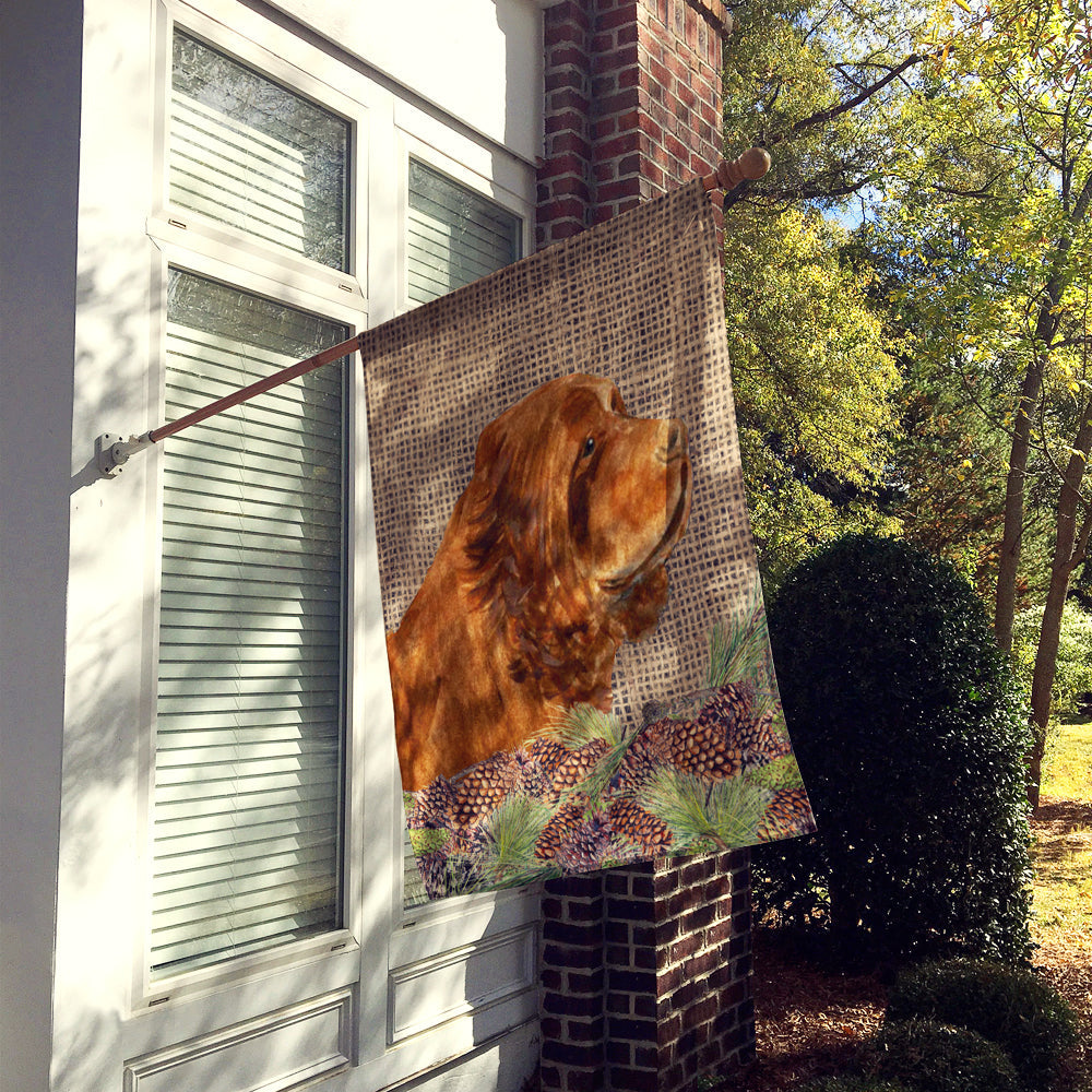 Sussex Spaniel on Faux Burlap with Pine Cones House Flag 28x40 Porch Sleeve Pole Decorative Outside Yard Banner Artwork Wall Hanging, Polyester