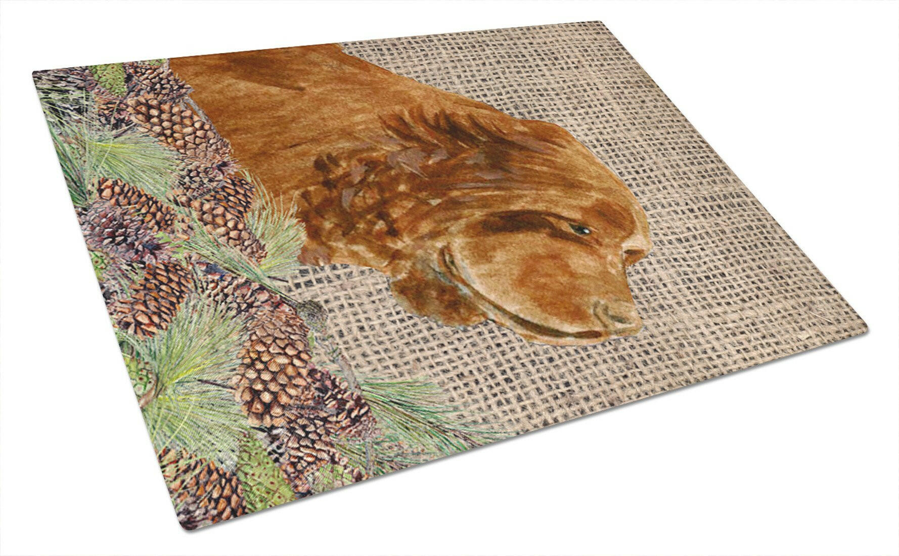 Sussex Spaniel on Faux Burlap with Pine Cones Cutting Board Tempered Glass Kitchen Cutting Surface, Heat Resistant Chopping, Non-Slip Feet, Food Prep & Serving