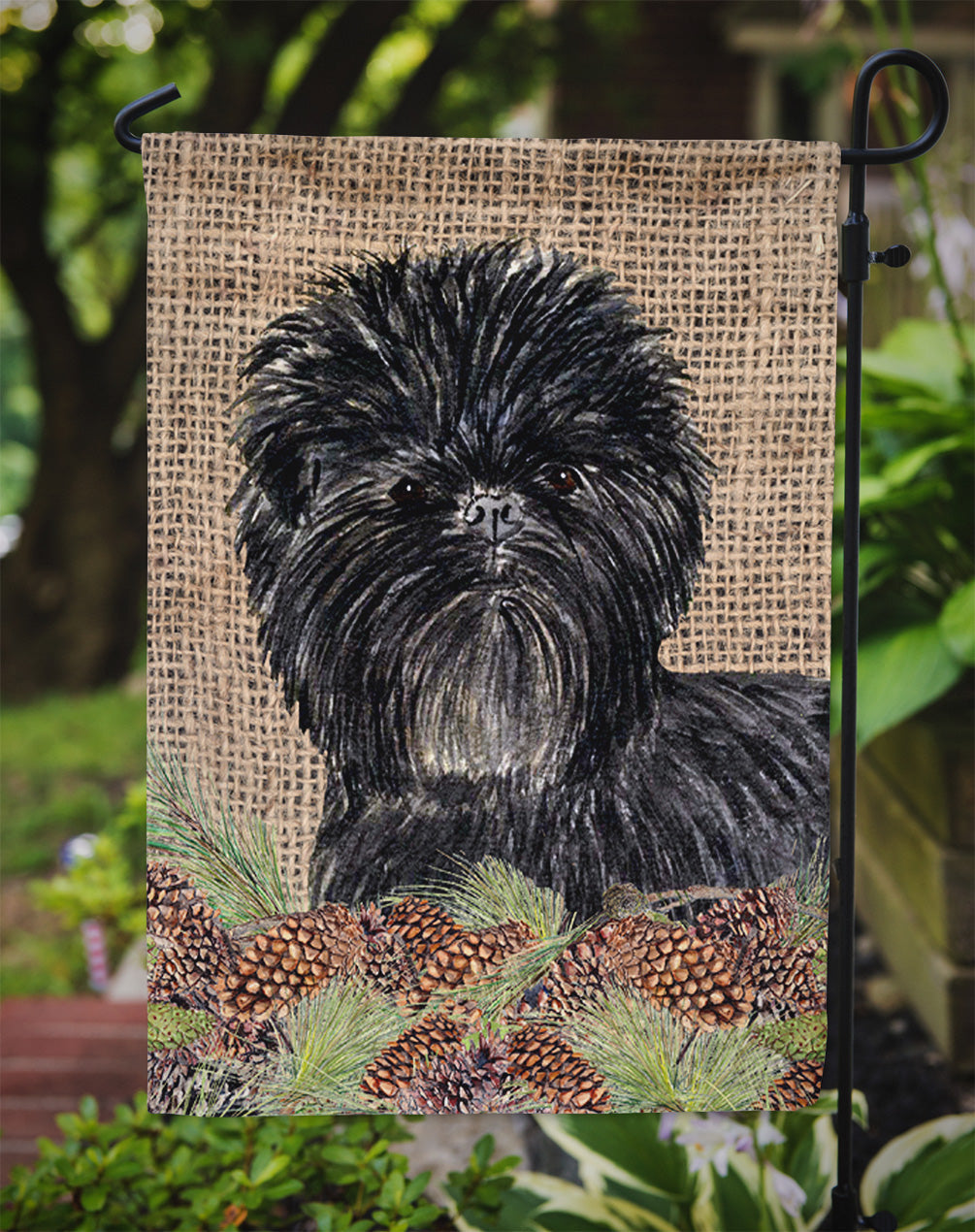 Affenpinscher on Faux Burlap with Pine Cones Garden Flag Mailbox Decorative Yard Banner Outside Patio Artwork for Flower Beds, Garden Size, Multicolor