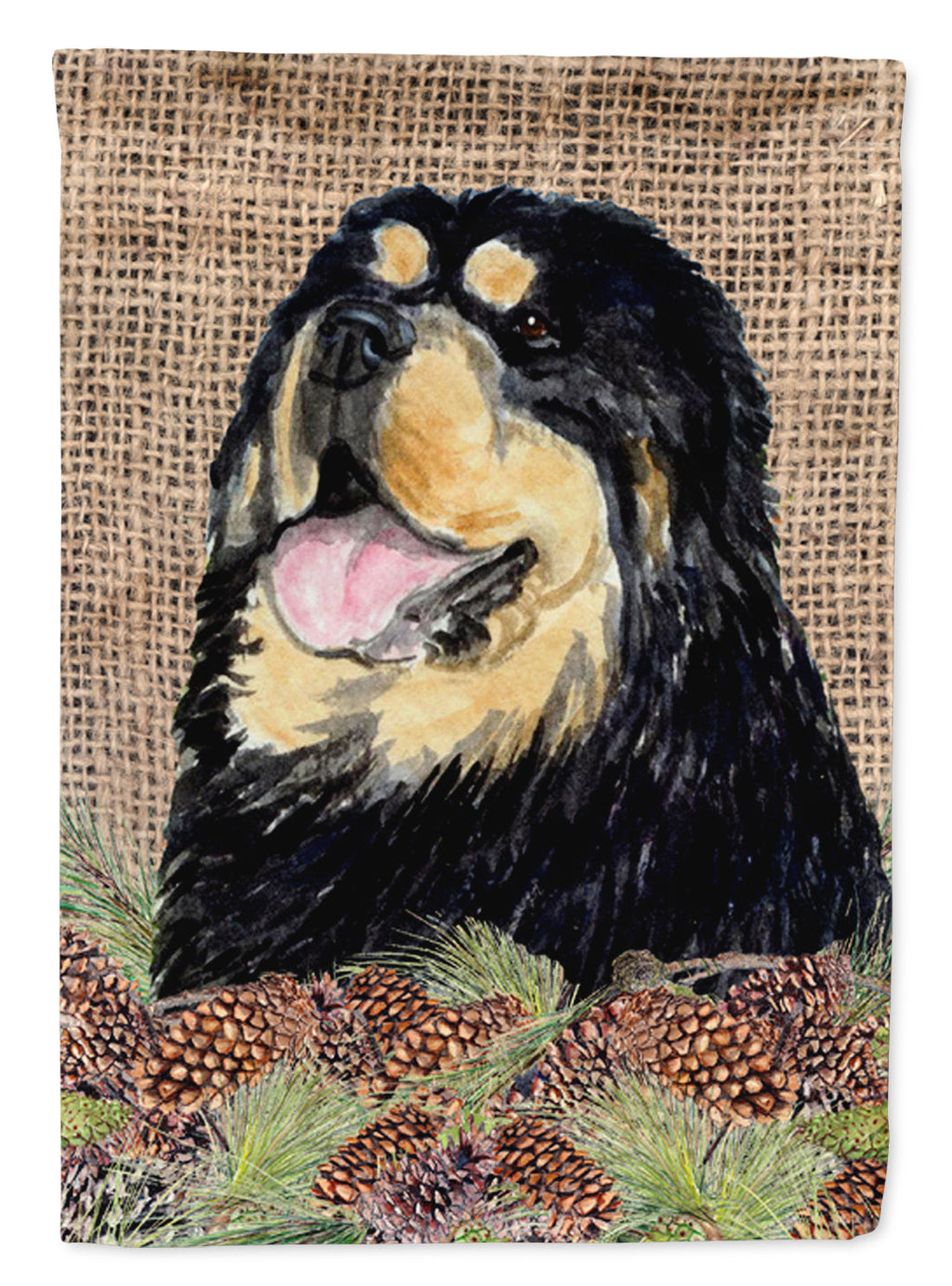 Tibetan Mastiff on Faux Burlap with Pine Cones House Flag 28x40 Porch Sleeve Pole Decorative Outside Yard Banner Artwork Wall Hanging, Polyester