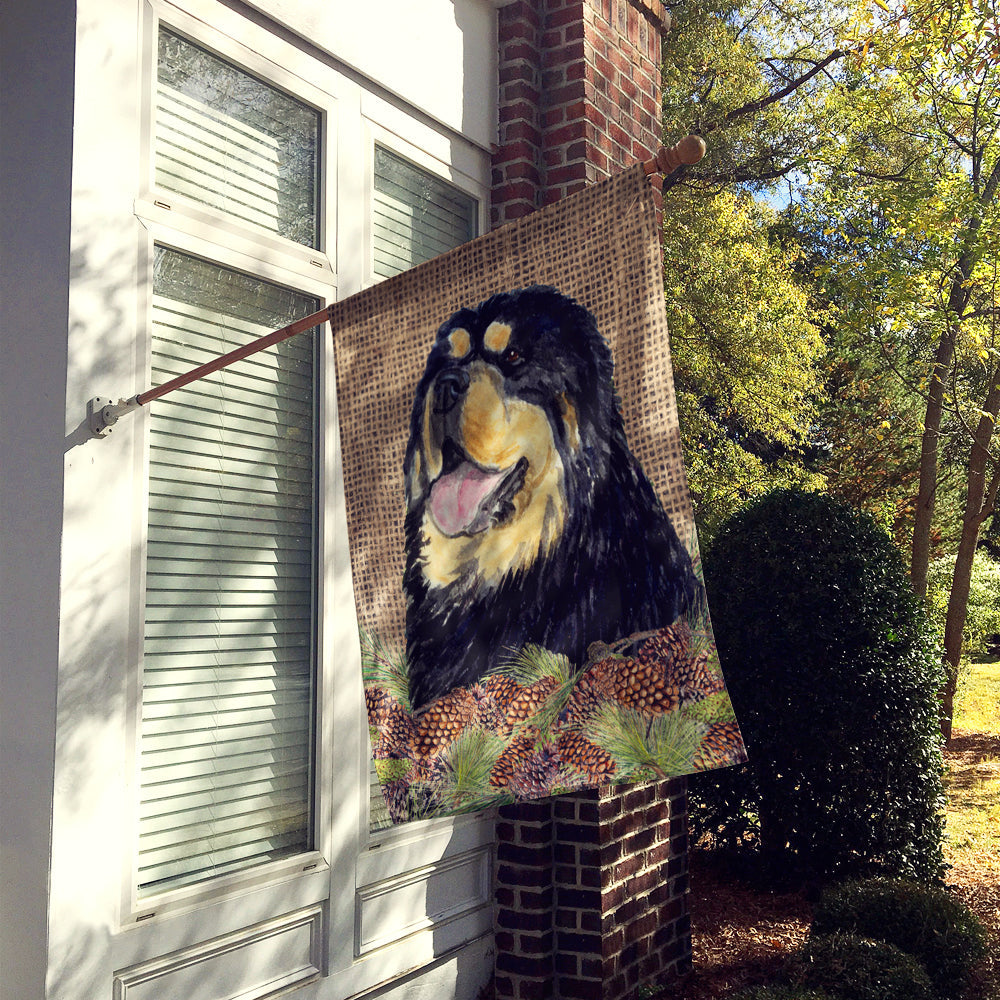 Tibetan Mastiff on Faux Burlap with Pine Cones House Flag 28x40 Porch Sleeve Pole Decorative Outside Yard Banner Artwork Wall Hanging, Polyester