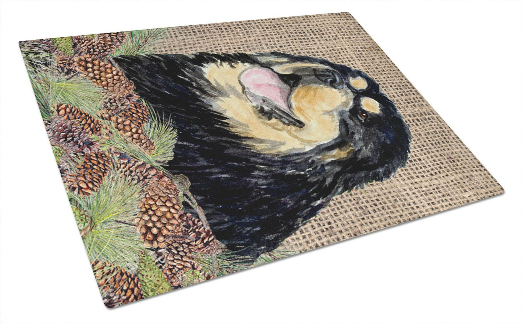 Tibetan Mastiff on Faux Burlap with Pine Cones Cutting Board Tempered Glass Kitchen Cutting Surface, Heat Resistant Chopping, Non-Slip Feet, Food Prep & Serving