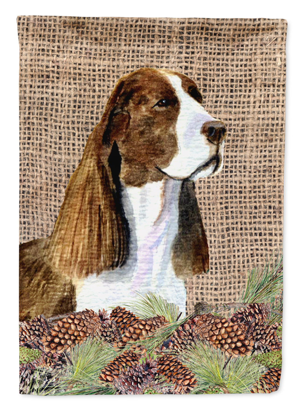 Springer Spaniel on Faux Burlap with Pine Cones House Flag 28x40 Porch Sleeve Pole Decorative Outside Yard Banner Artwork Wall Hanging, Polyester