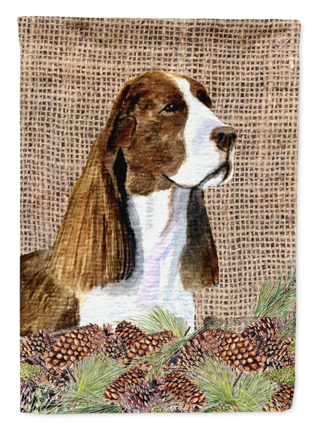 Springer Spaniel on Faux Burlap with Pine Cones House Flag 28x40 Porch Sleeve Pole Decorative Outside Yard Banner Artwork Wall Hanging, Polyester