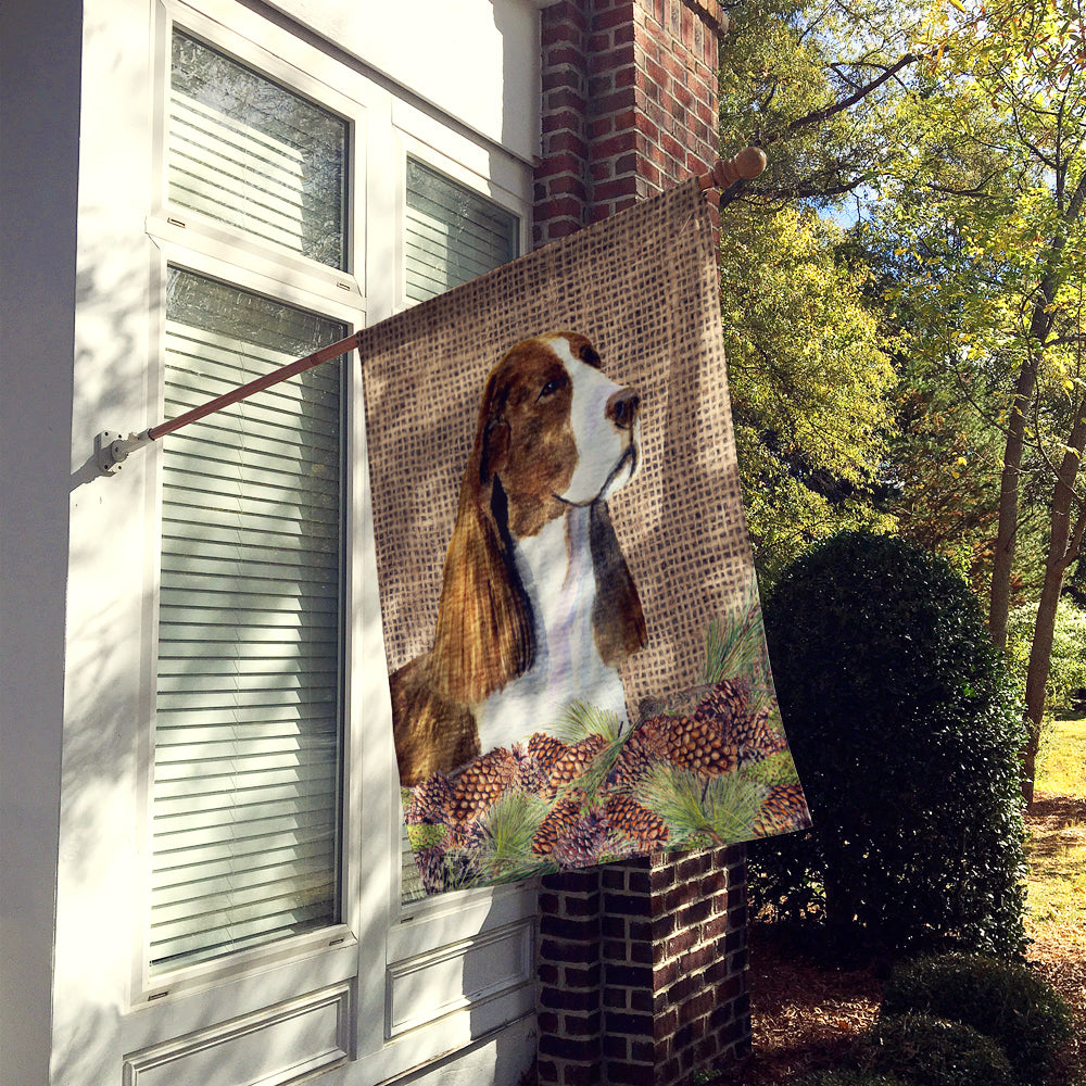 Springer Spaniel on Faux Burlap with Pine Cones House Flag 28x40 Porch Sleeve Pole Decorative Outside Yard Banner Artwork Wall Hanging, Polyester