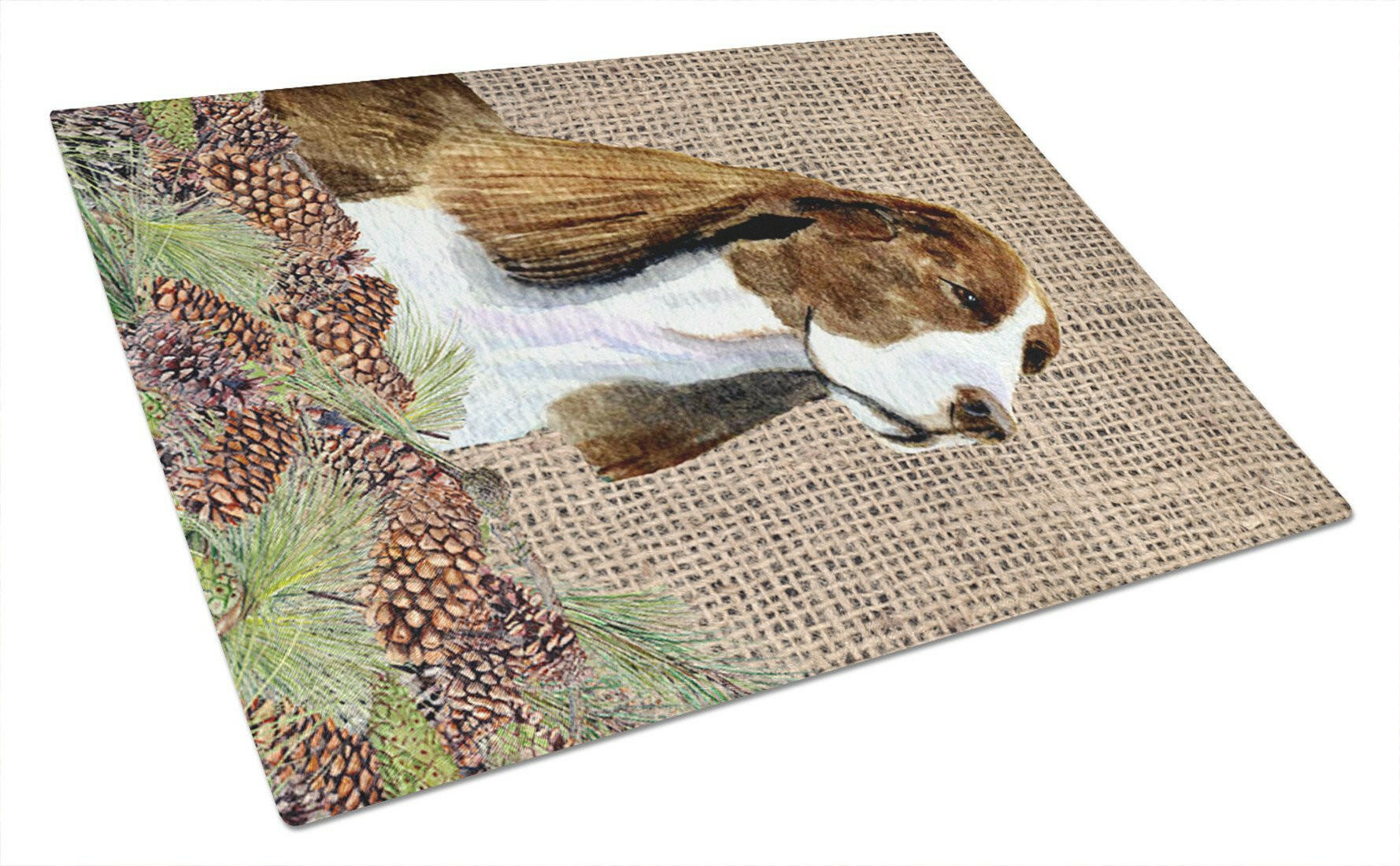 Springer Spaniel on Faux Burlap with Pine Cones Cutting Board Tempered Glass Kitchen Cutting Surface, Heat Resistant Chopping, Non-Slip Feet, Food Prep & Serving