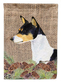 Basenji on Faux Burlap with Pine Cones House Flag 28x40 Porch Sleeve Pole Decorative Outside Yard Banner Artwork Wall Hanging, Polyester