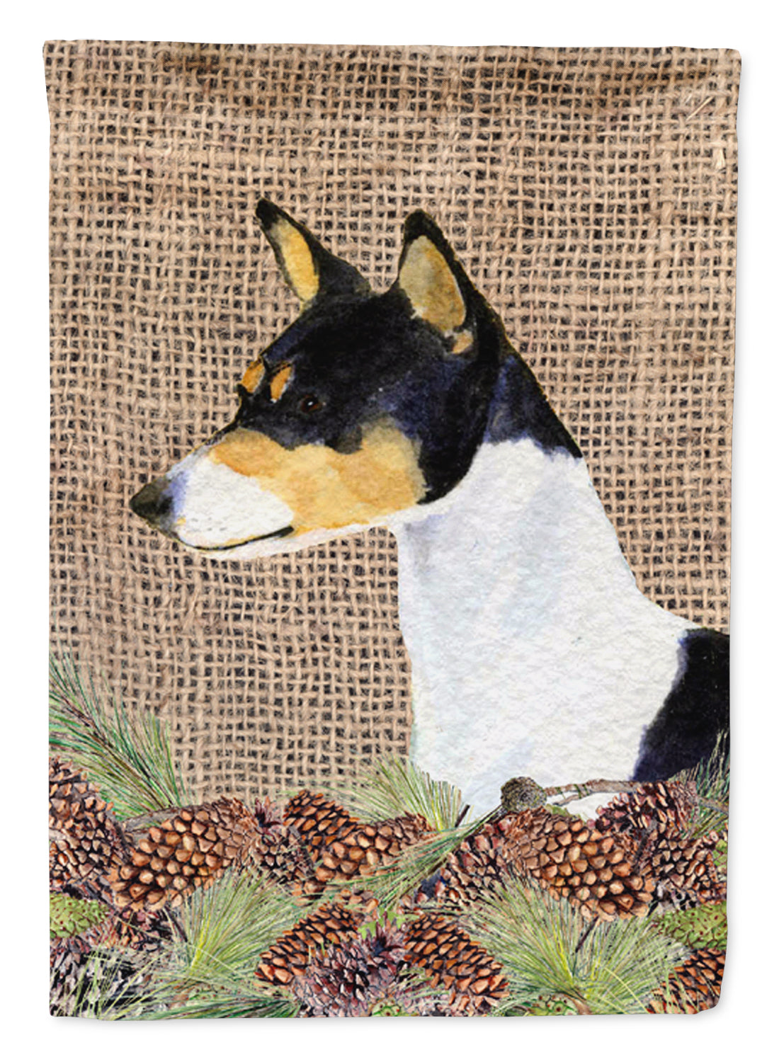 Basenji on Faux Burlap with Pine Cones House Flag 28x40 Porch Sleeve Pole Decorative Outside Yard Banner Artwork Wall Hanging, Polyester