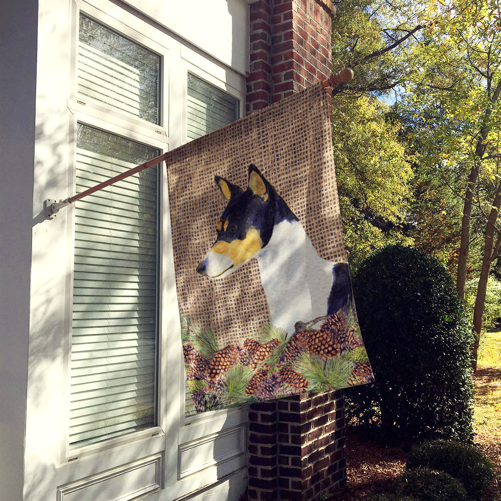 Basenji on Faux Burlap with Pine Cones House Flag 28x40 Porch Sleeve Pole Decorative Outside Yard Banner Artwork Wall Hanging, Polyester