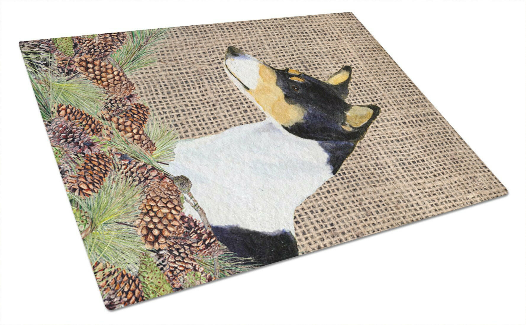 Basenji on Faux Burlap with Pine Cones Cutting Board Tempered Glass Kitchen Cutting Surface, Heat Resistant Chopping, Non-Slip Feet, Food Prep & Serving