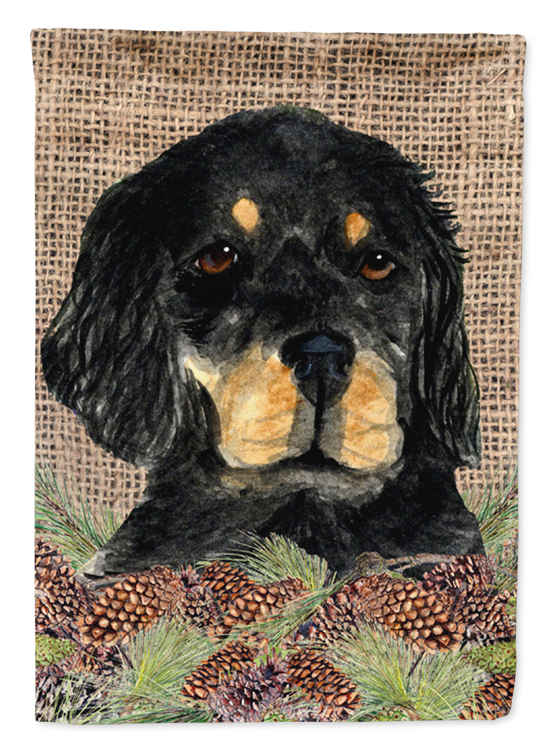 Gordon Setter on Faux Burlap with Pine Cones House Flag 28x40 Porch Sleeve Pole Decorative Outside Yard Banner Artwork Wall Hanging, Polyester