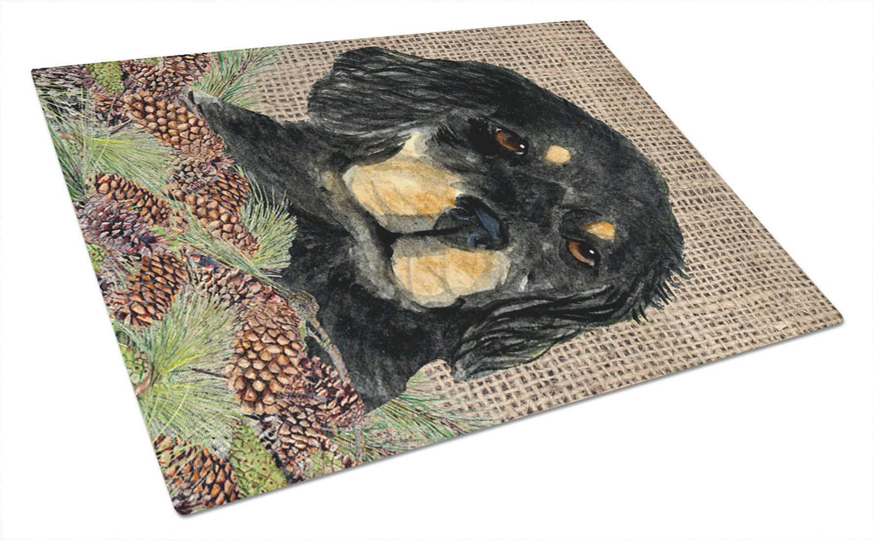 Gordon Setter on Faux Burlap with Pine Cones Cutting Board Tempered Glass Kitchen Cutting Surface, Heat Resistant Chopping, Non-Slip Feet, Food Prep & Serving