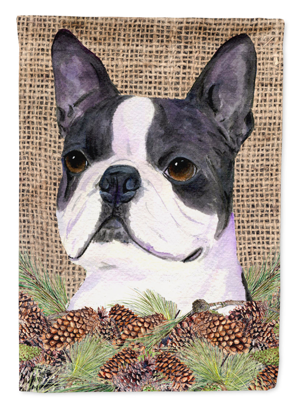 Boston Terrier on Faux Burlap with Pine Cones House Flag 28x40 Porch Sleeve Pole Decorative Outside Yard Banner Artwork Wall Hanging, Polyester
