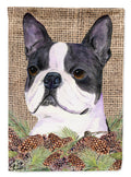 Boston Terrier on Faux Burlap with Pine Cones House Flag 28x40 Porch Sleeve Pole Decorative Outside Yard Banner Artwork Wall Hanging, Polyester
