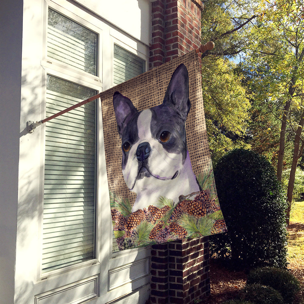 Boston Terrier on Faux Burlap with Pine Cones House Flag 28x40 Porch Sleeve Pole Decorative Outside Yard Banner Artwork Wall Hanging, Polyester