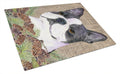 Boston Terrier on Faux Burlap with Pine Cones Cutting Board Tempered Glass Kitchen Cutting Surface, Heat Resistant Chopping, Non-Slip Feet, Food Prep & Serving