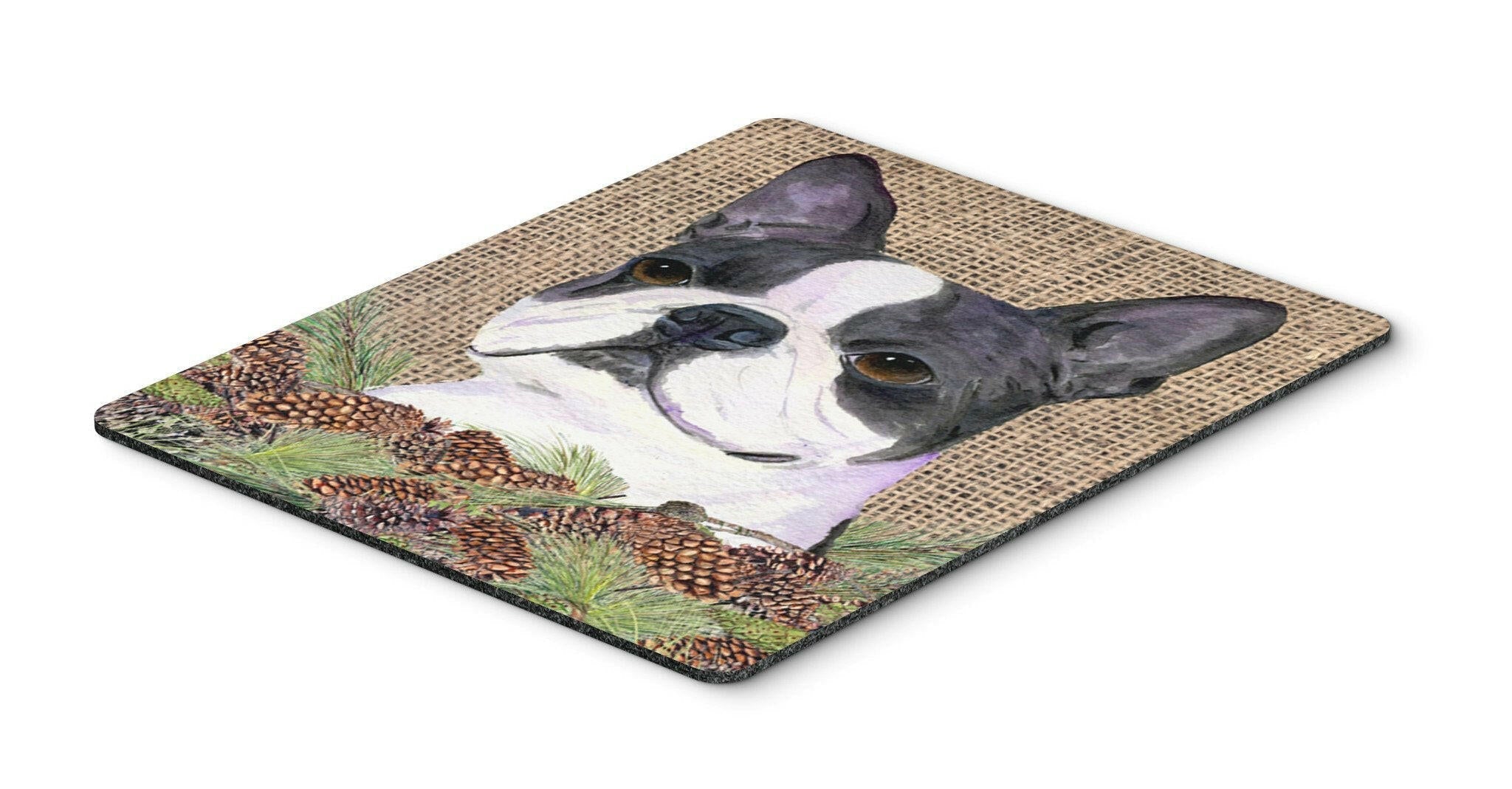 Boston Terrier on Faux Burlap with Pine Cones Mouse Pad, Heat Resistant Trivet Hot Pad , Non Slip Rubber Desk Mat, Kitchen Counter Protector, Home Office Decor Gift