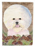 Bichon Frise on Faux Burlap with Pine Cones House Flag 28x40 Porch Sleeve Pole Decorative Outside Yard Banner Artwork Wall Hanging, Polyester