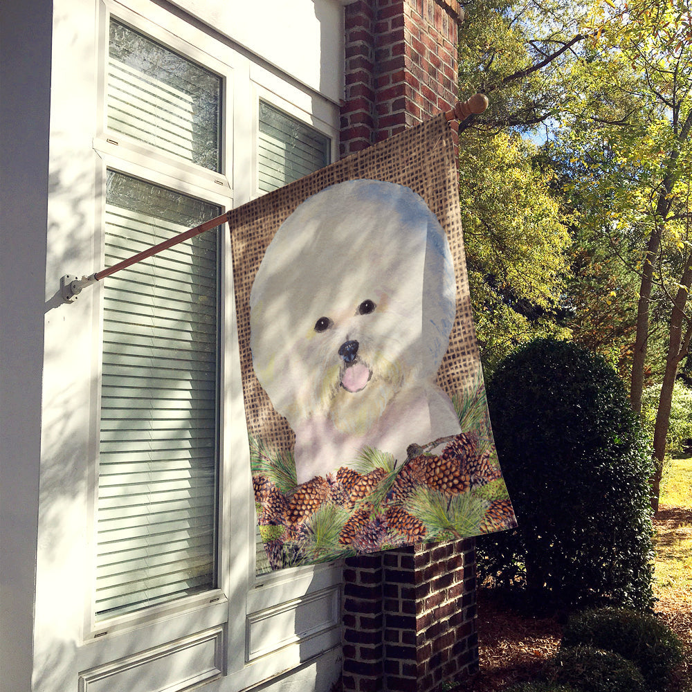 Bichon Frise on Faux Burlap with Pine Cones House Flag 28x40 Porch Sleeve Pole Decorative Outside Yard Banner Artwork Wall Hanging, Polyester