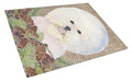 Bichon Frise on Faux Burlap with Pine Cones Cutting Board Tempered Glass Kitchen Cutting Surface, Heat Resistant Chopping, Non-Slip Feet, Food Prep & Serving