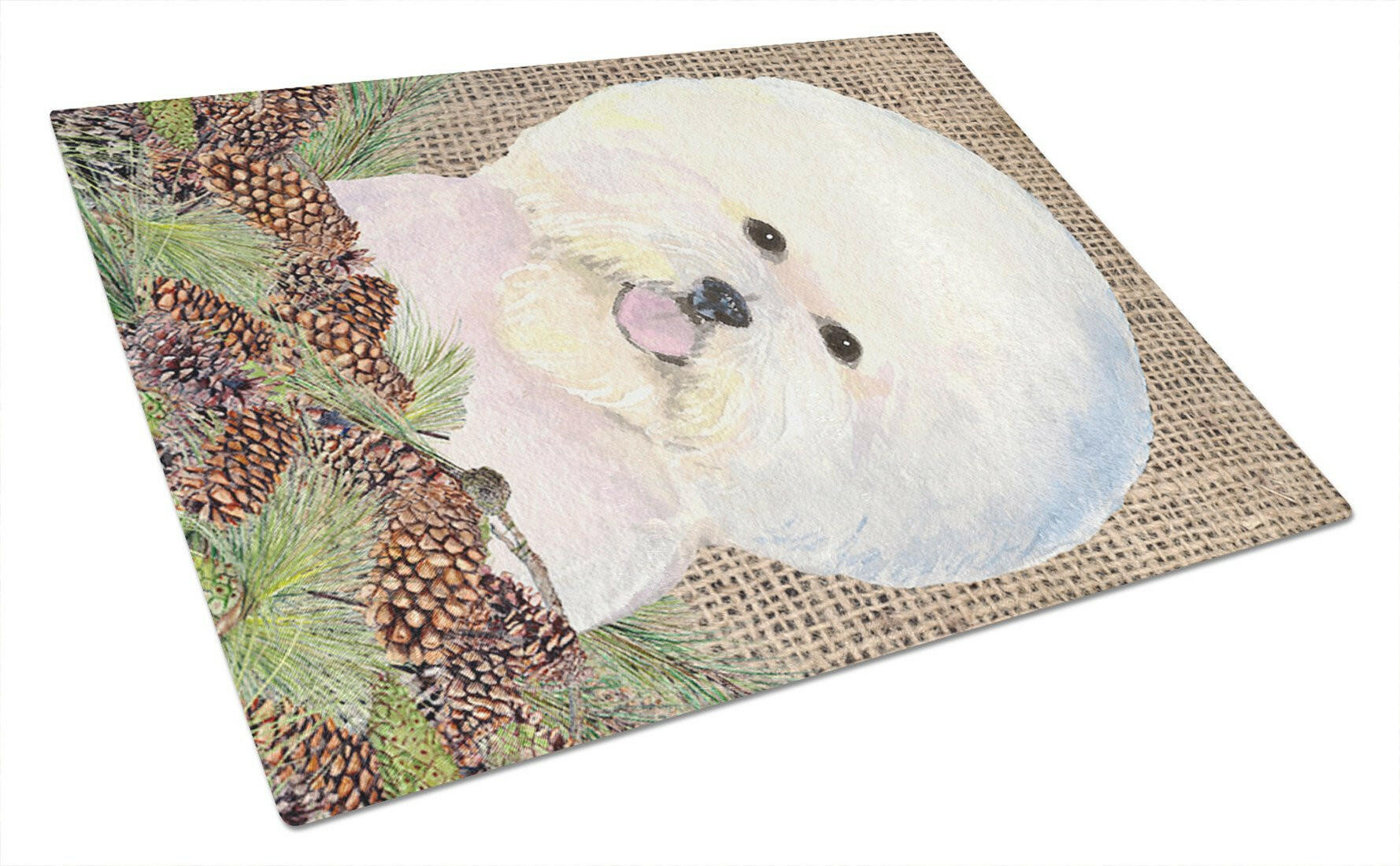 Bichon Frise on Faux Burlap with Pine Cones Cutting Board Tempered Glass Kitchen Cutting Surface, Heat Resistant Chopping, Non-Slip Feet, Food Prep & Serving