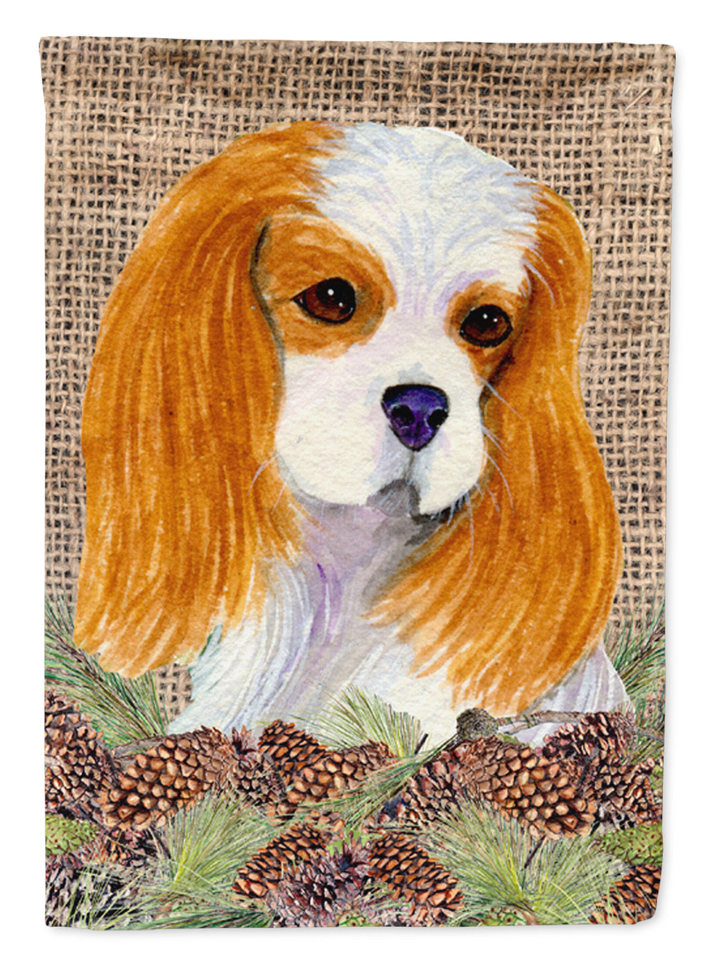Cavalier Spaniel on Faux Burlap with Pine Cones House Flag 28x40 Porch Sleeve Pole Decorative Outside Yard Banner Artwork Wall Hanging, Polyester