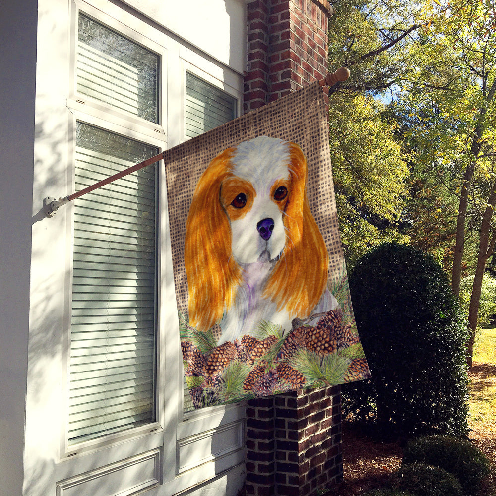 Cavalier Spaniel on Faux Burlap with Pine Cones House Flag 28x40 Porch Sleeve Pole Decorative Outside Yard Banner Artwork Wall Hanging, Polyester