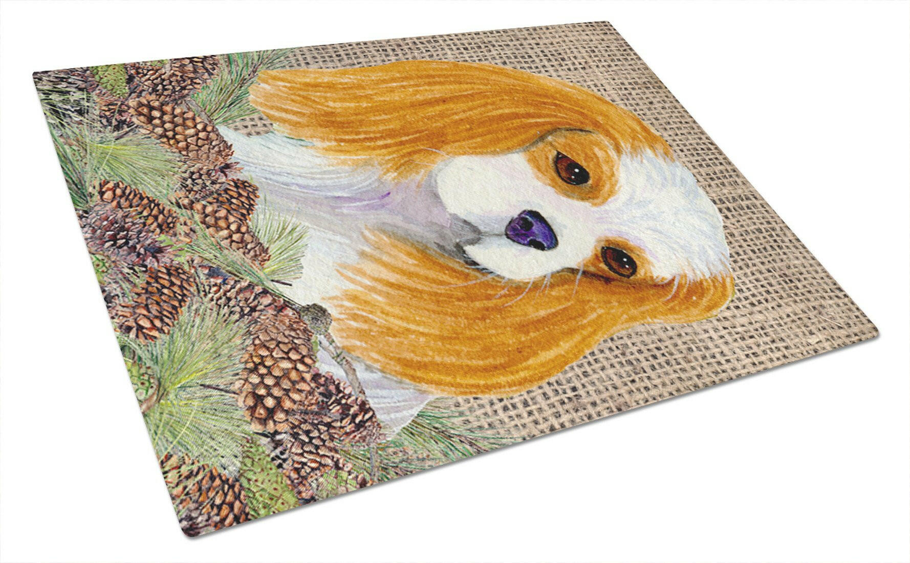 Cavalier Spaniel on Faux Burlap with Pine Cones Cutting Board Tempered Glass Kitchen Cutting Surface, Heat Resistant Chopping, Non-Slip Feet, Food Prep & Serving