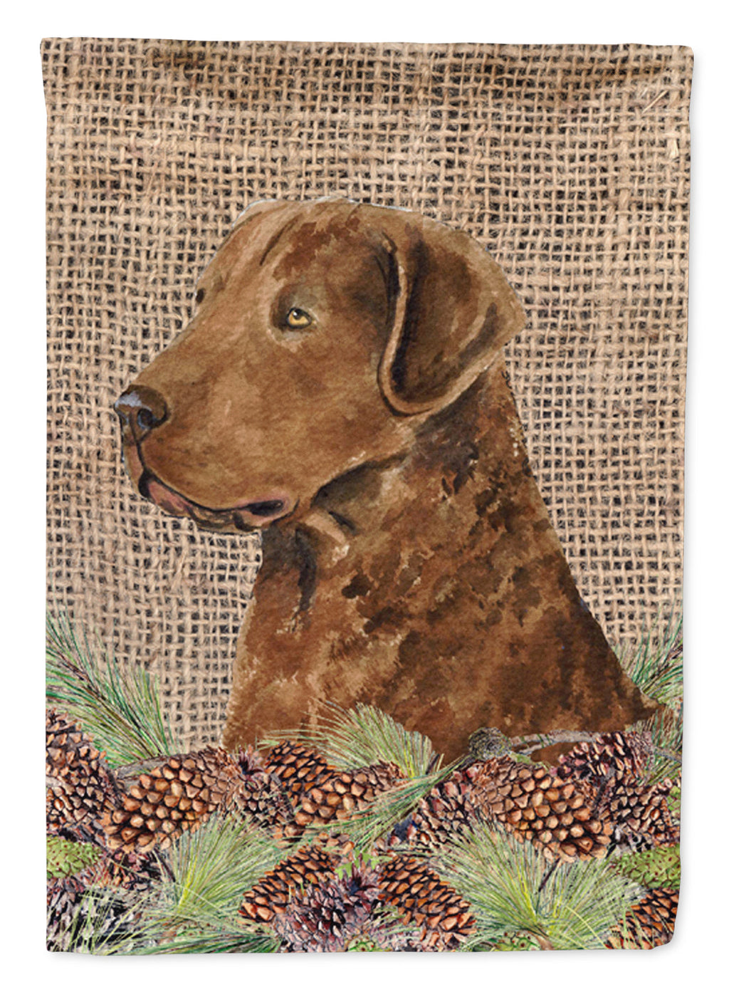 Curly Coated Retriever on Faux Burlap with Pine Cones House Flag 28x40 Porch Sleeve Pole Decorative Outside Yard Banner Artwork Wall Hanging, Polyester