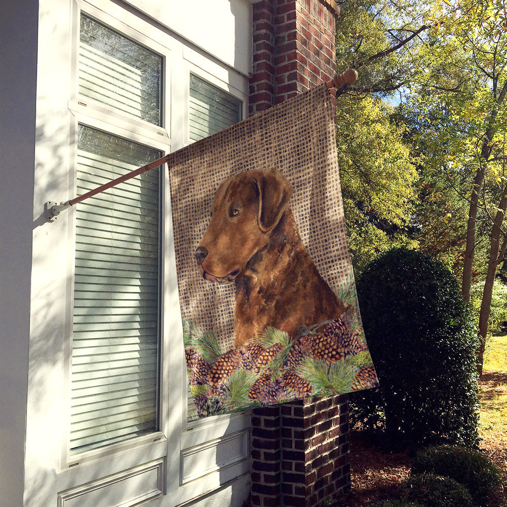 Curly Coated Retriever on Faux Burlap with Pine Cones House Flag 28x40 Porch Sleeve Pole Decorative Outside Yard Banner Artwork Wall Hanging, Polyester