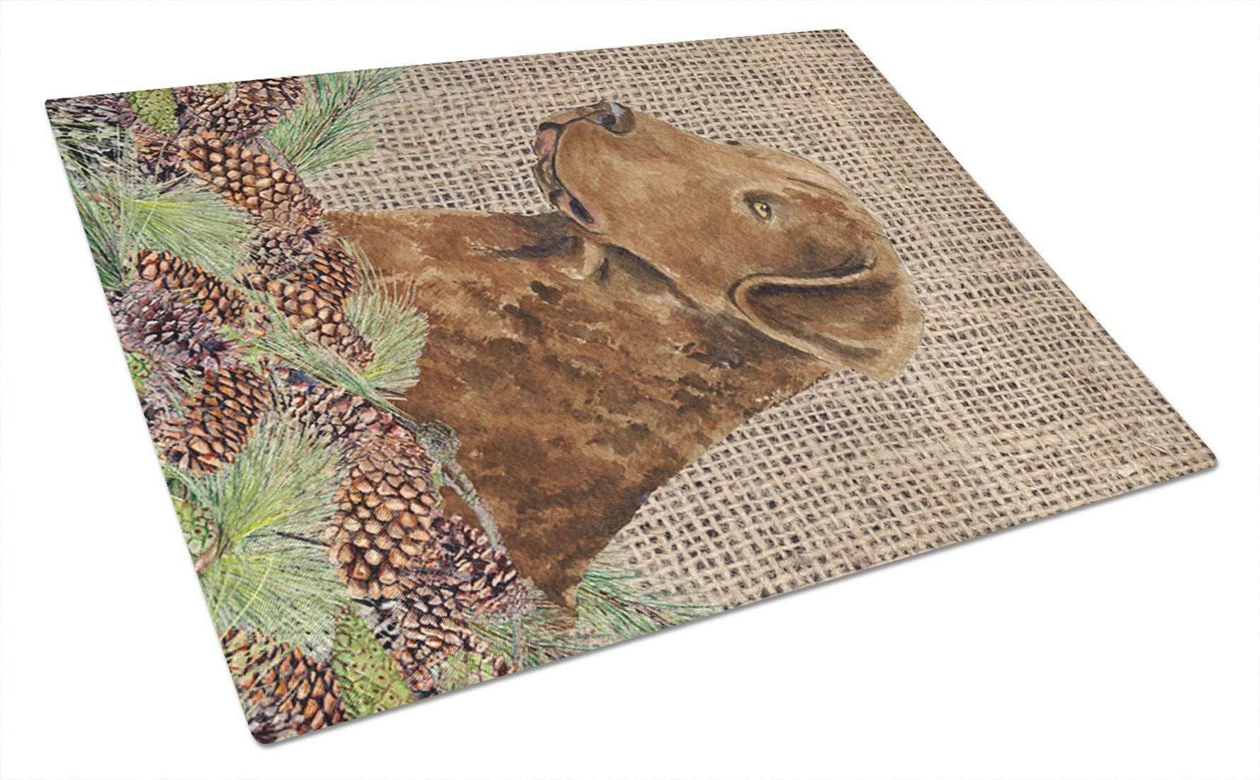 Curly Coated Retriever on Faux Burlap with Pine Cones Cutting Board Tempered Glass Kitchen Cutting Surface, Heat Resistant Chopping, Non-Slip Feet, Food Prep & Serving