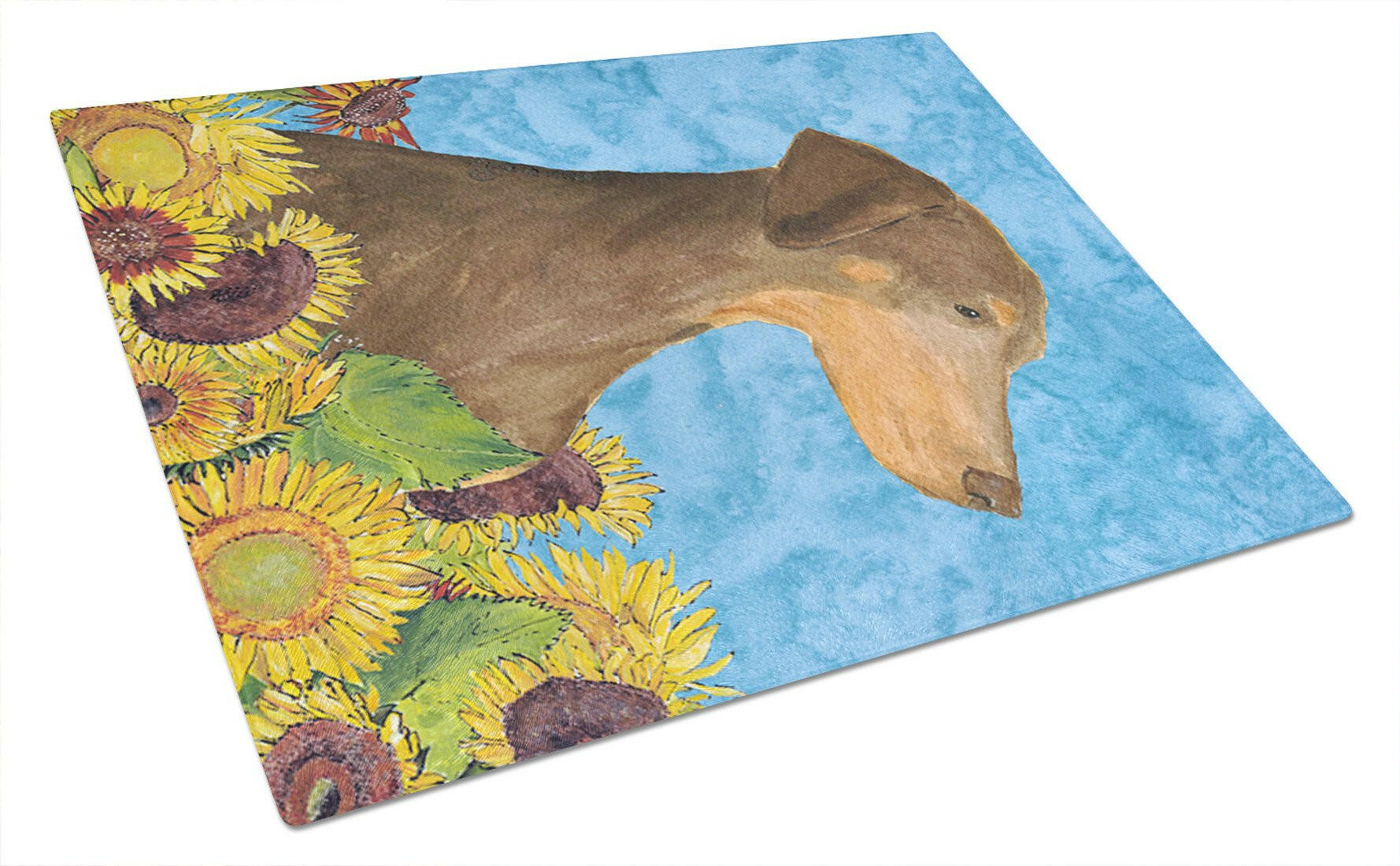 Doberman in Summer Flowers Cutting Board Tempered Glass Kitchen Cutting Surface, Heat Resistant Chopping, Non-Slip Feet, Food Prep & Serving