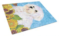 Maltese in Summer Flowers Cutting Board Tempered Glass Kitchen Cutting Surface, Heat Resistant Chopping, Non-Slip Feet, Food Prep & Serving