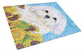 Maltese in Summer Flowers Cutting Board Tempered Glass Kitchen Cutting Surface, Heat Resistant Chopping, Non-Slip Feet, Food Prep & Serving