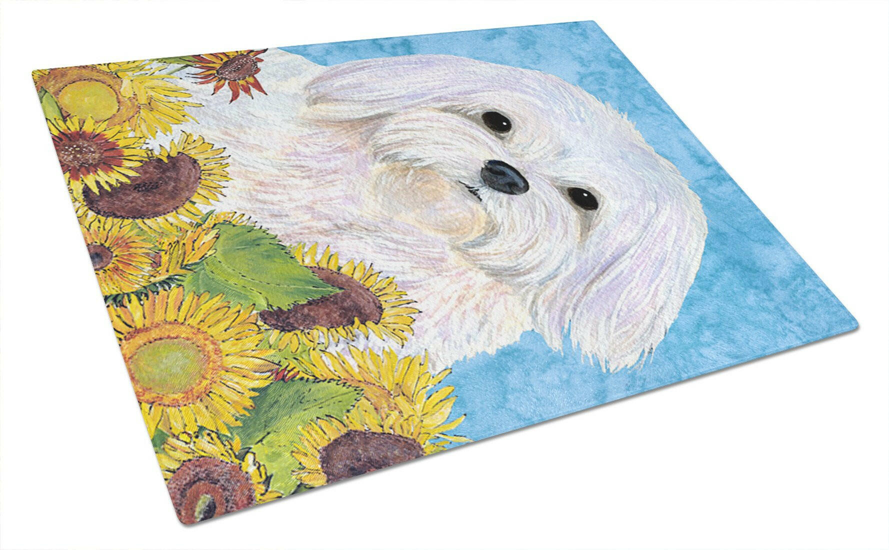 Maltese in Summer Flowers Cutting Board Tempered Glass Kitchen Cutting Surface, Heat Resistant Chopping, Non-Slip Feet, Food Prep & Serving